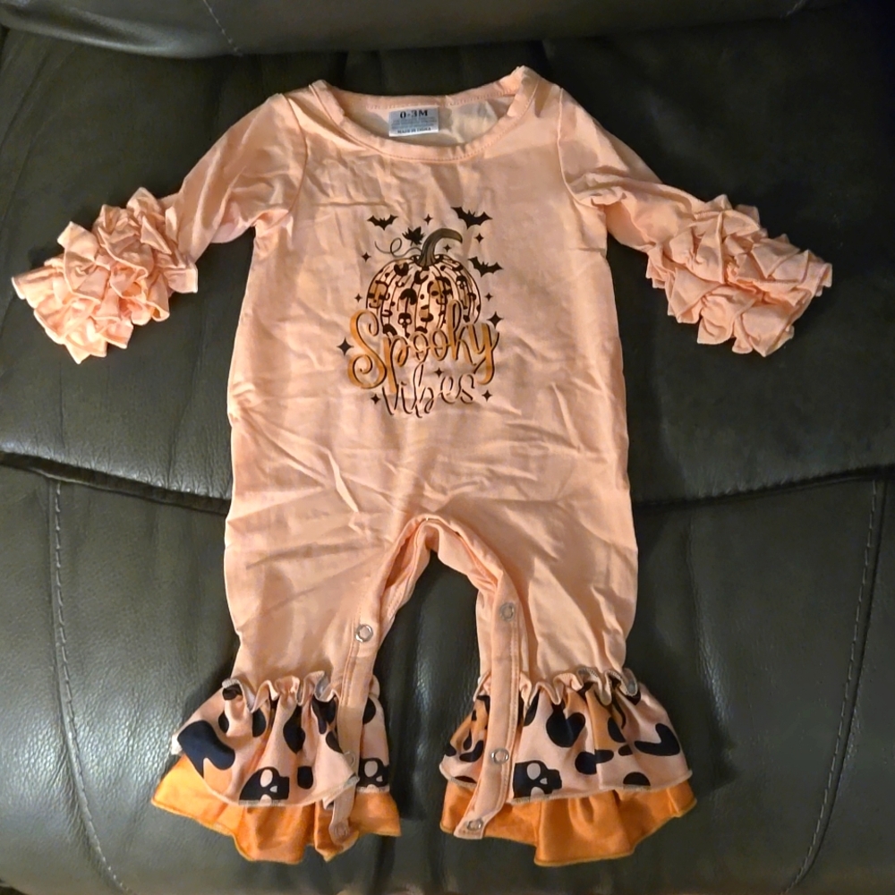 Halloween Leopard Spooky Vibes Pumpkin Ruffle Baby Girl Romper